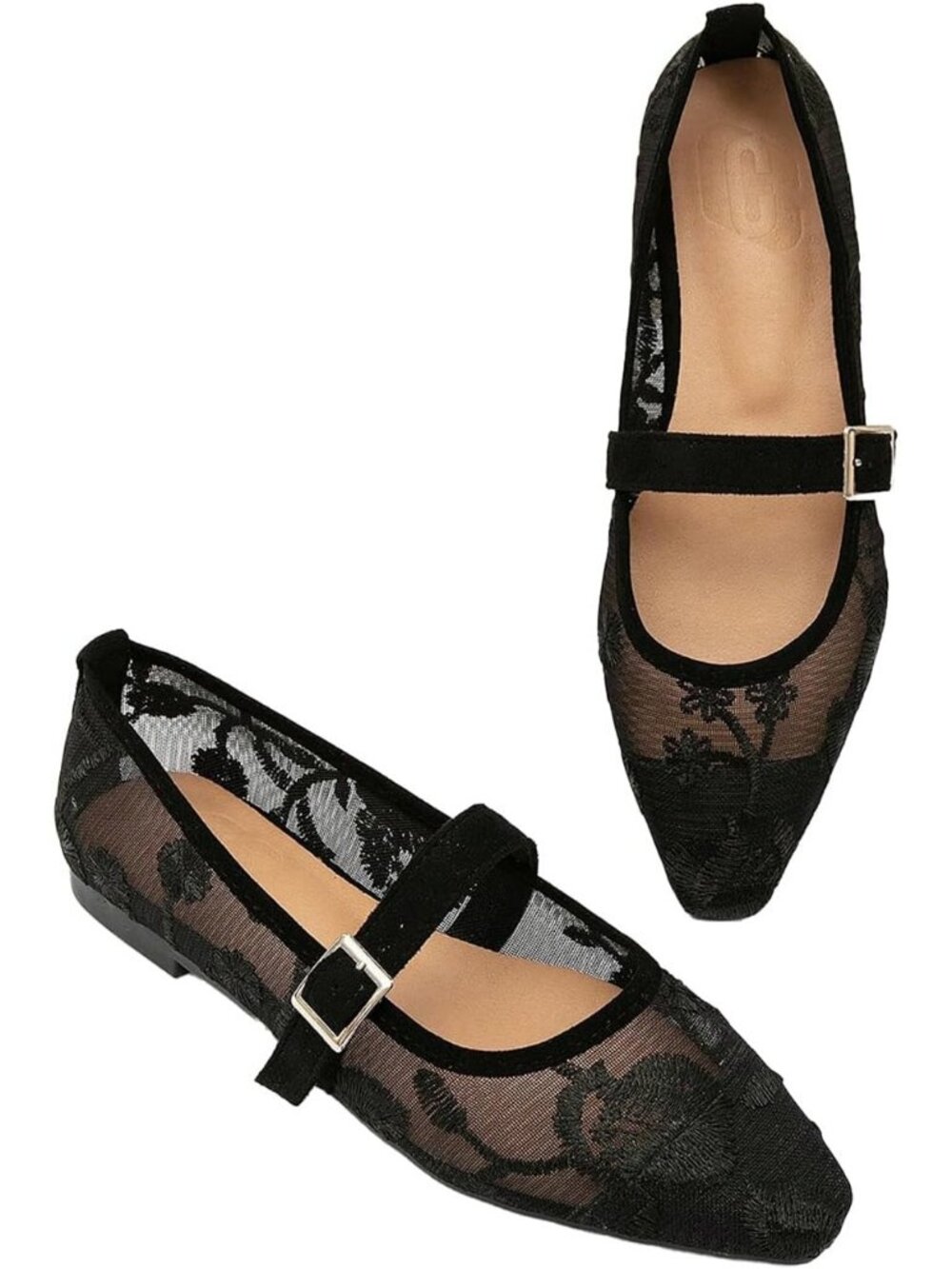 Women's Solid Black Mesh Polka Dots Ballet Flat Cute Lace Ballerina Casual Shoes